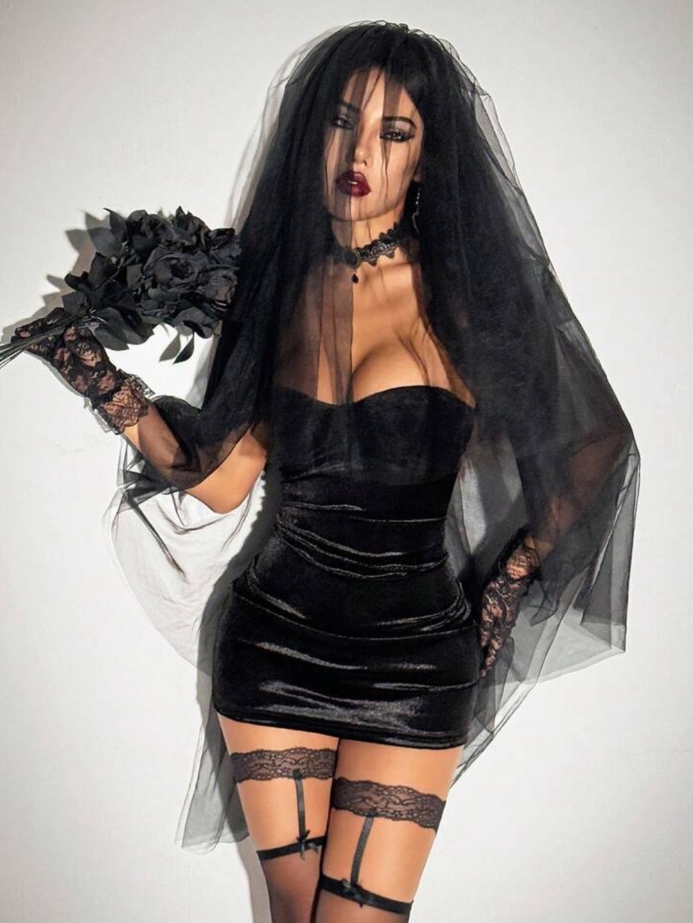 2pcs Halloween Cosplay Sexy Party Gothic Black Bride Velvet Headpiece Dress Set